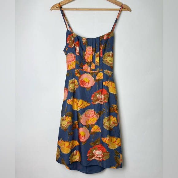 Anthropologie Maeve Floral Poppy Print Mini Dress Pleated Bodice Cutout Back - Picture 2 of 7